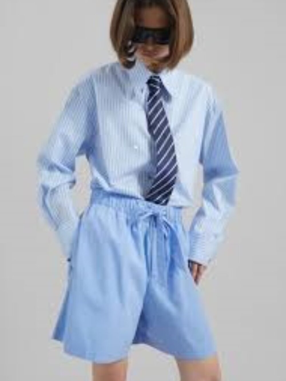 Tekla Poplin Pyjama Shorts Shirt set white blue strips oversized size Small
